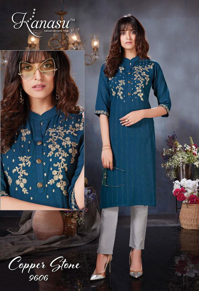 Kanasu Copper Stone Heavy Rayon Fancy Wear Kurti With Bottom Collection